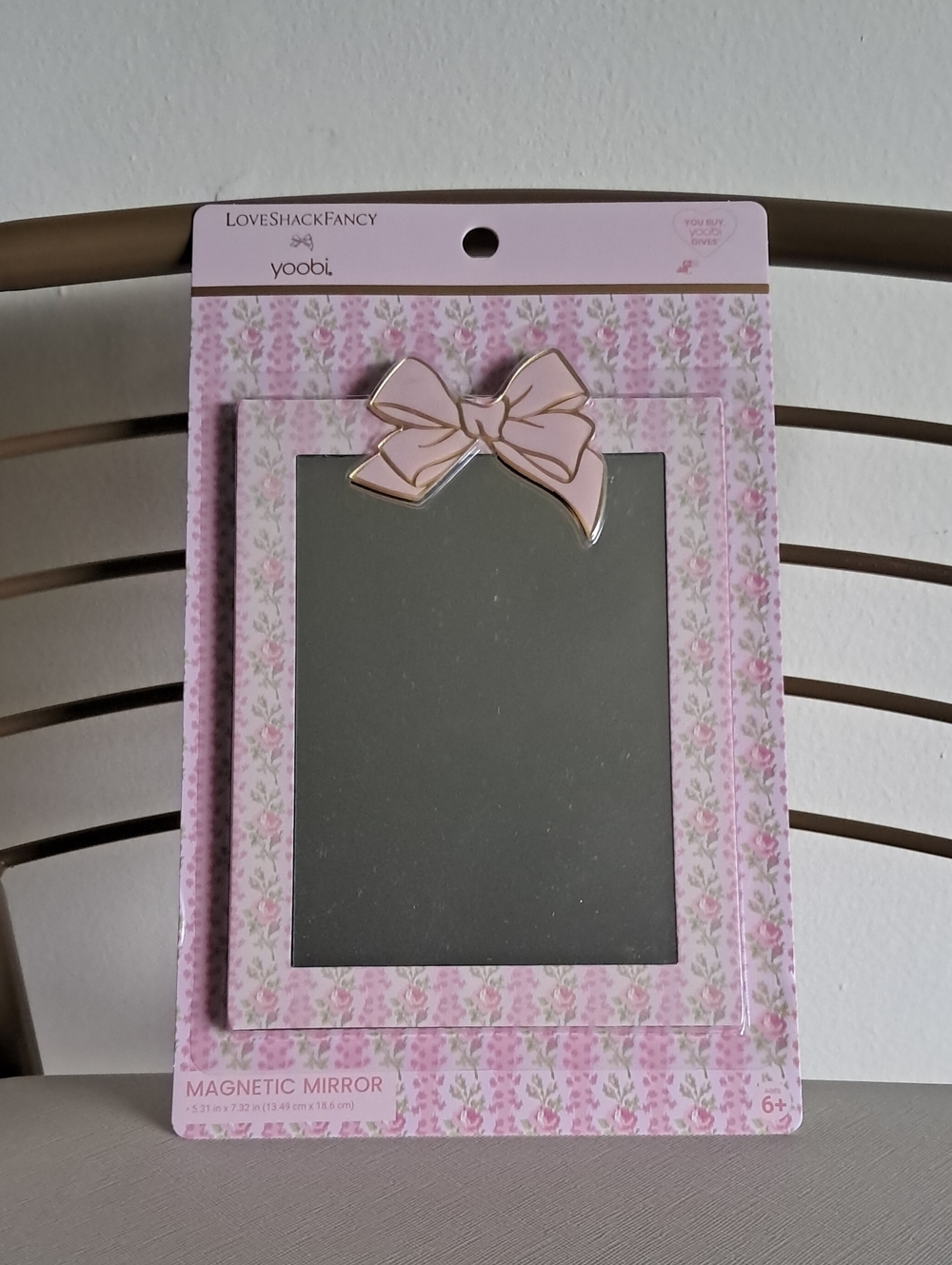 LoveShackFancy Pink Floral Magnetic Mirror with Gold-Trim Bow